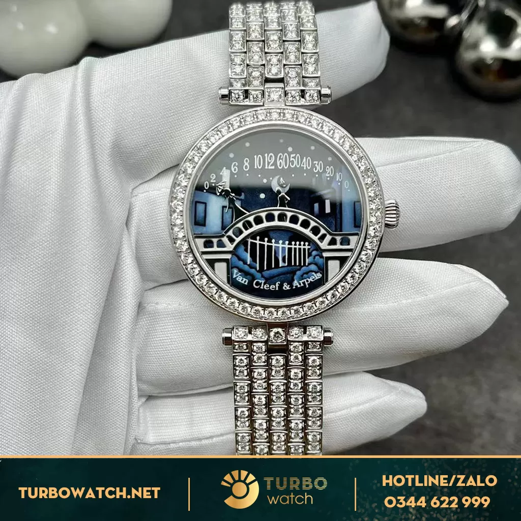  ĐỒNG HỒ VAN CLEEF & ARPELS Nữ Vàng Trắng 18k ,Kim Cương Thiên Nhiên