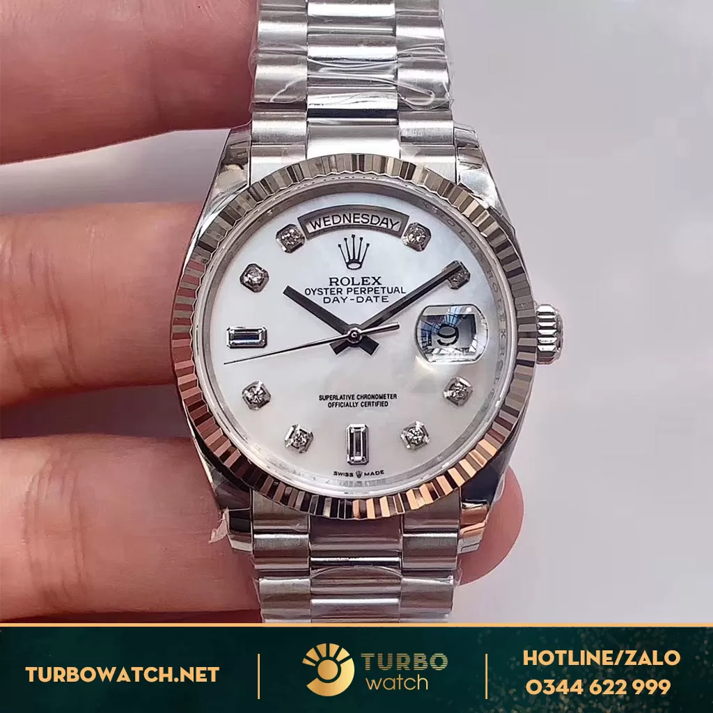  Rolex Day-Date 36 128236 Mặt Số Vỏ Trai Trắng Rep 1:1