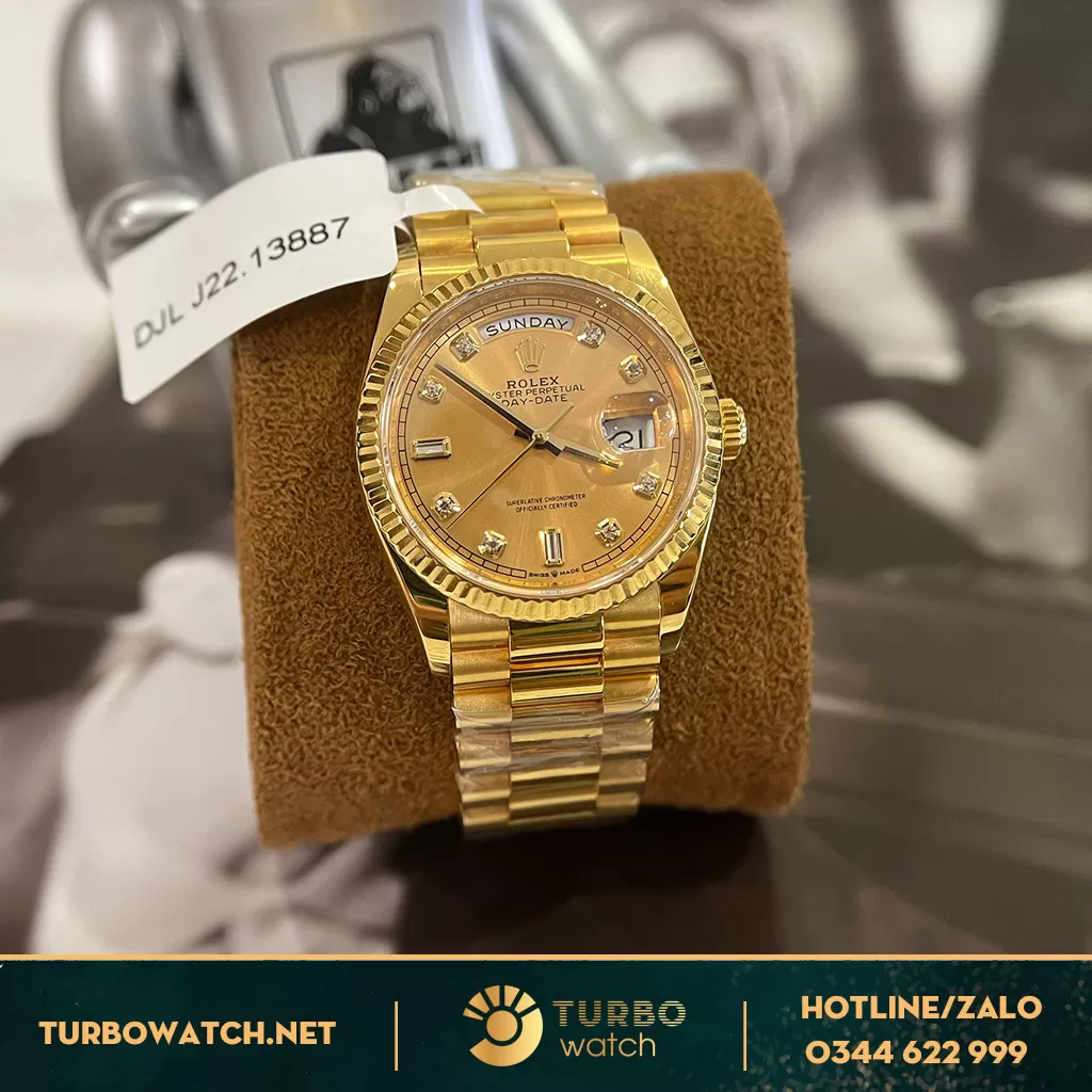  Rolex Day-Date 36 128348RBR Mặt Số Vàng Champagne Like Auth 