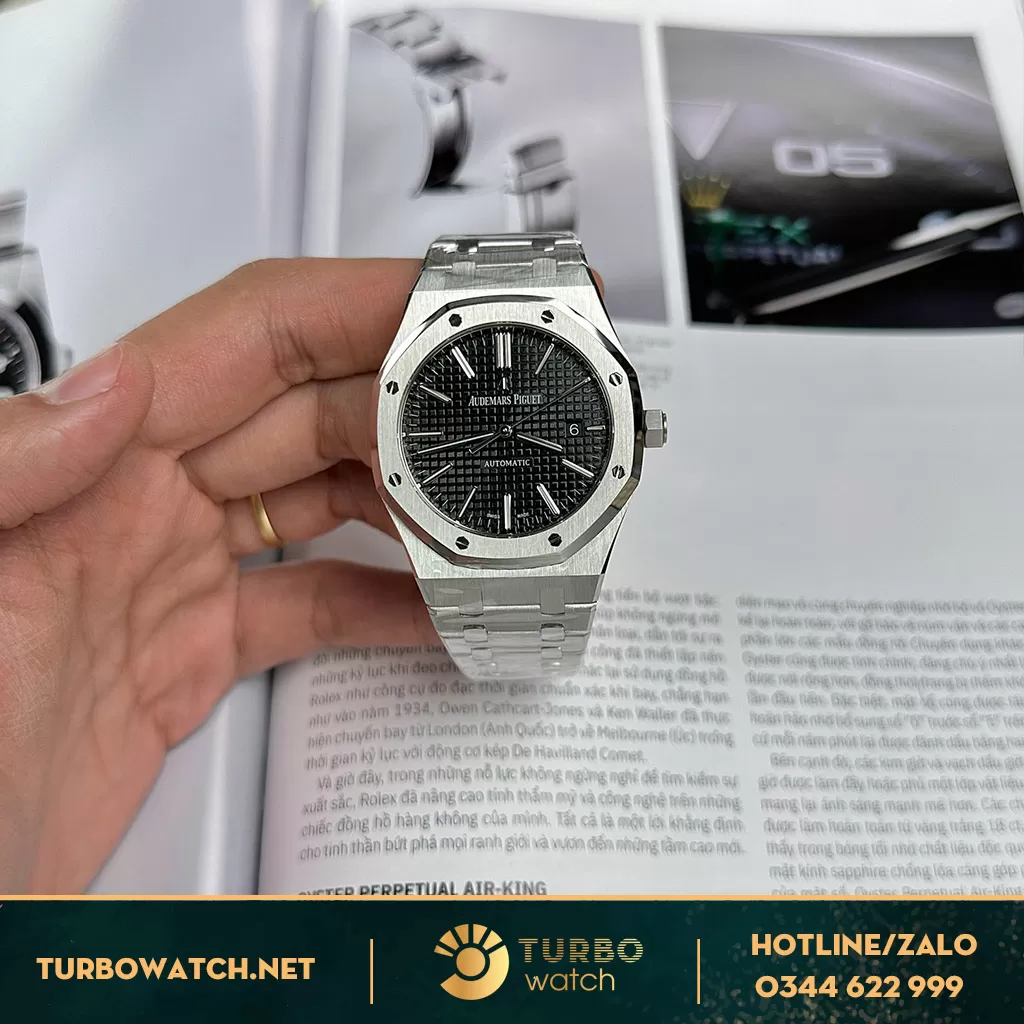 AP Royal Oak 15400 black dial máy cal3120 mỏng chỉ 9,8mm
