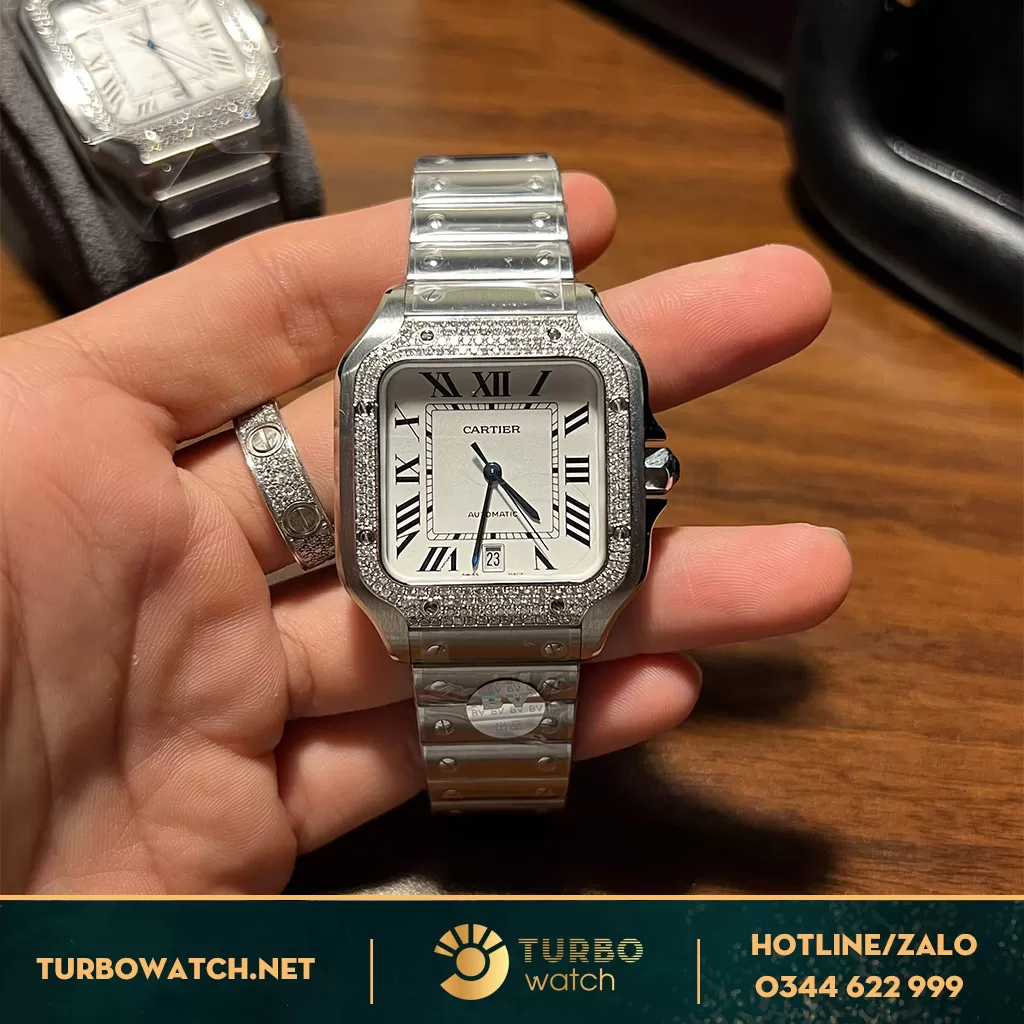 Cartier Santos De WSSA0030 Chế tác Full Kim cương Tự Nhiên BV factory Mặt Trắng