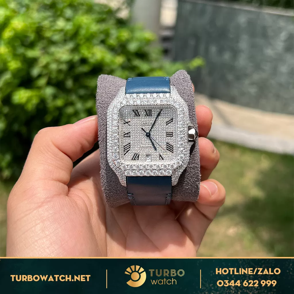 Cartier Santos Large Đính Full Moissanit cọc số la mã BV Factory
