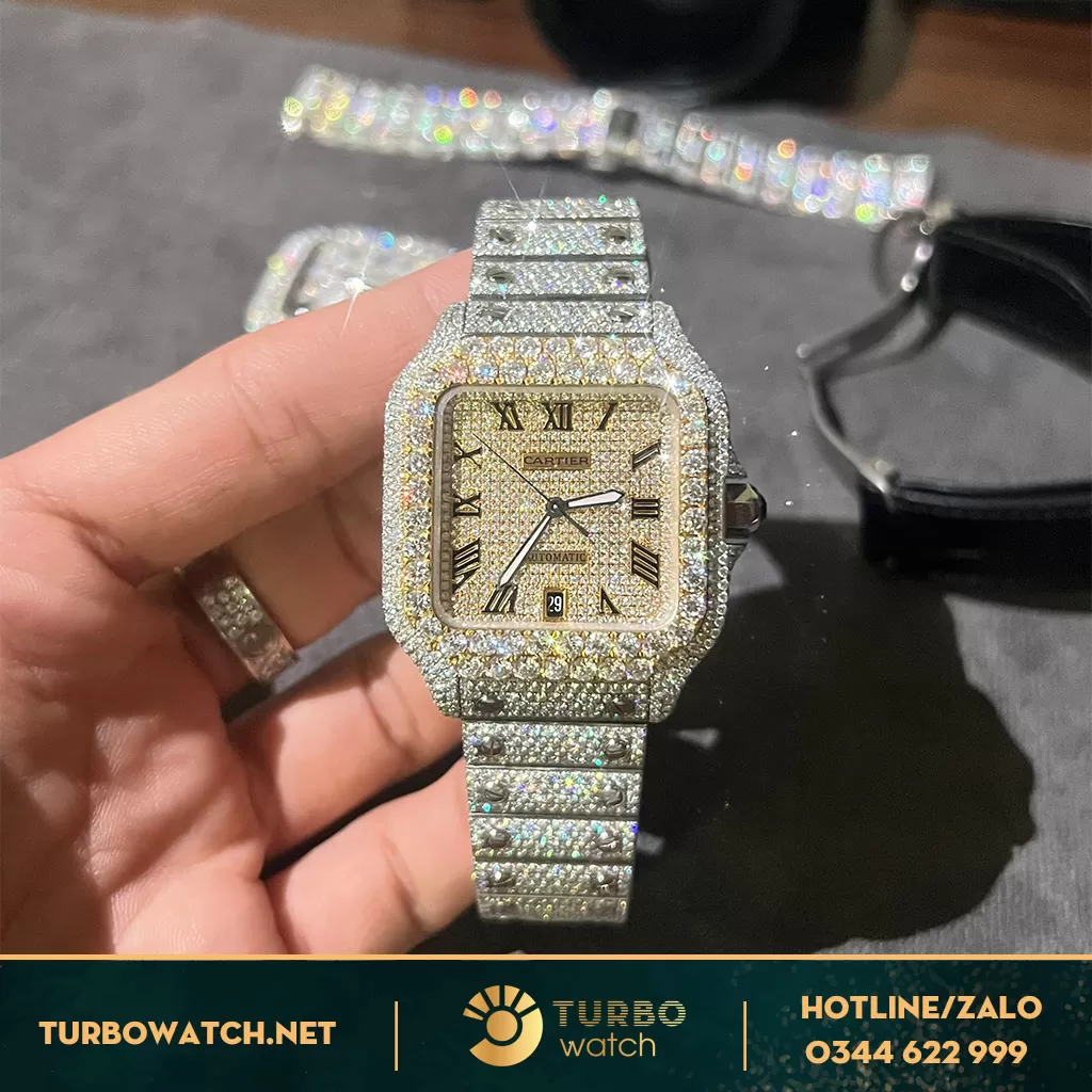 Cartier Santos Large Fully Đính Full KC Moissanit cọc số la mã Replica BV Factory