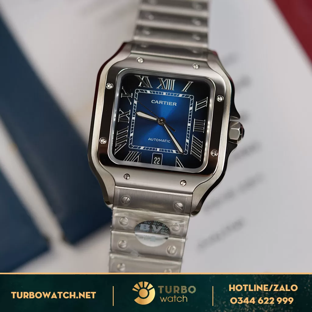 Cartier santos mặt xanh dây smart link replica