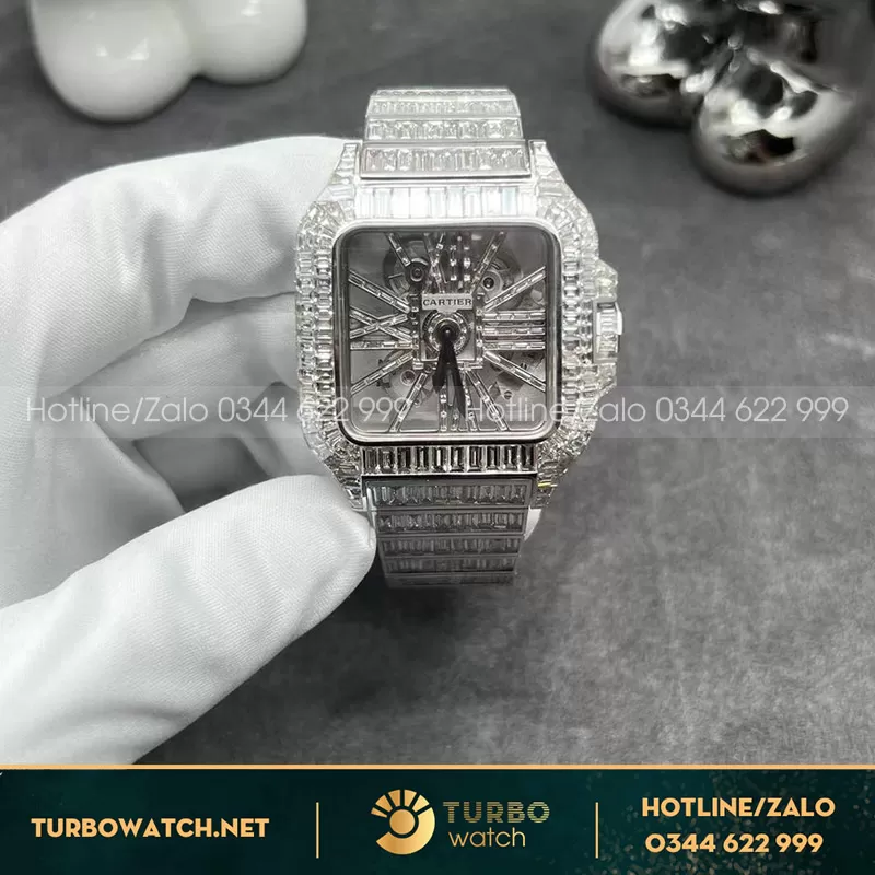 Cartier santos skeleton dial baguette diamond custom