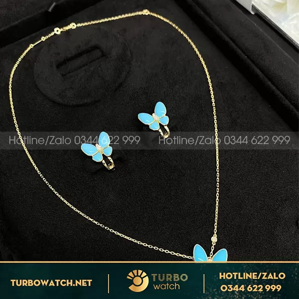 Dây chuyền và Hoa Tai Van Cleef & Arpels Two Butterfly Turquoise and Diamond Gold 18k