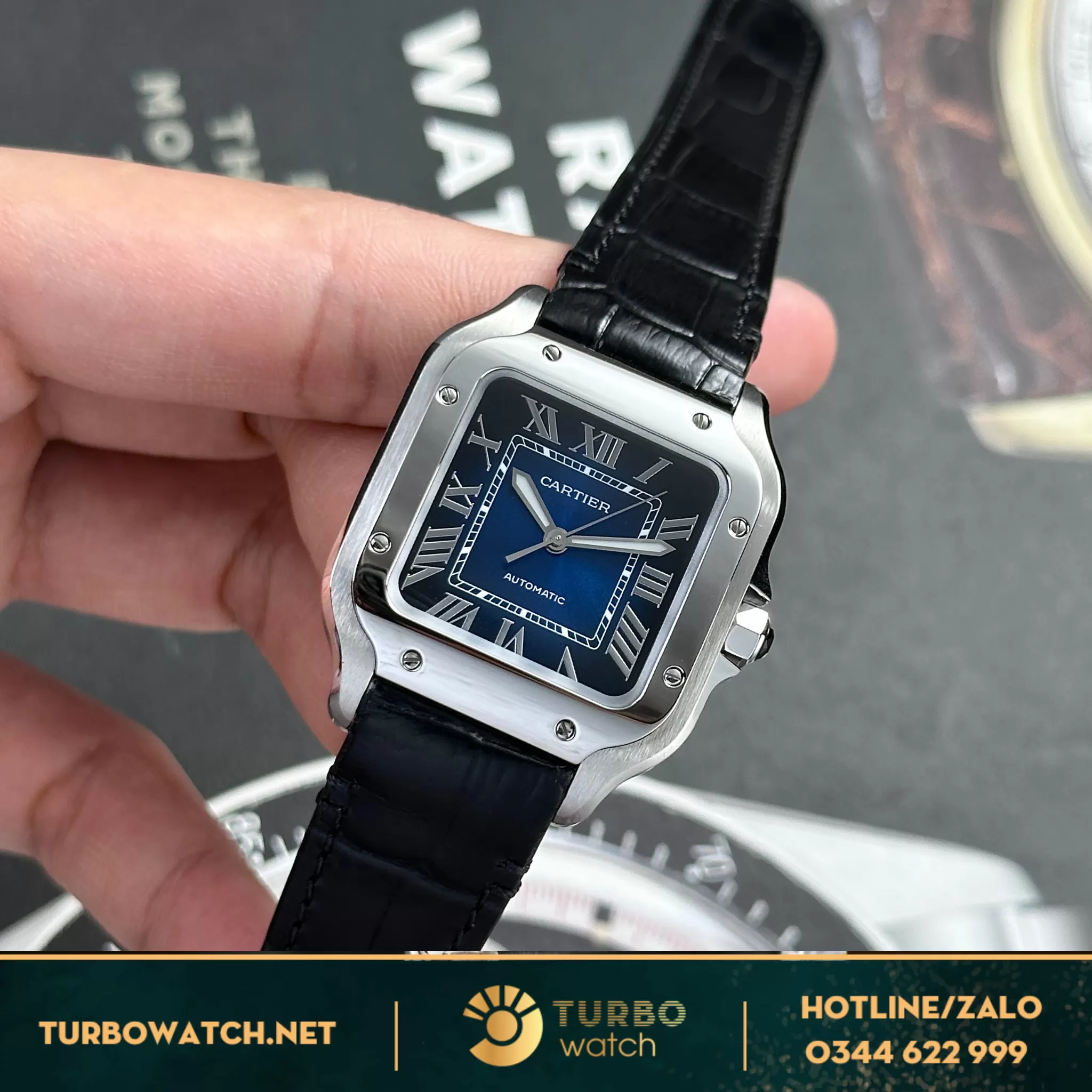 Đồng hồ cartier Santos 35mm mặt xanh dương replica