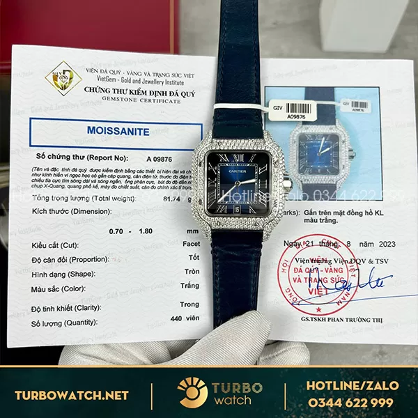 Đồng hồ cartier santos blue dial độ full moissanite