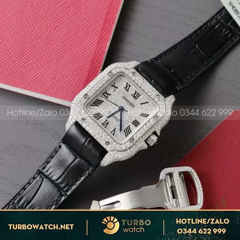 Đồng Hồ Cartier Santos Chế Tác Cọc Số + Vỏ Đính Kim Cương Moissanite 39.8mm