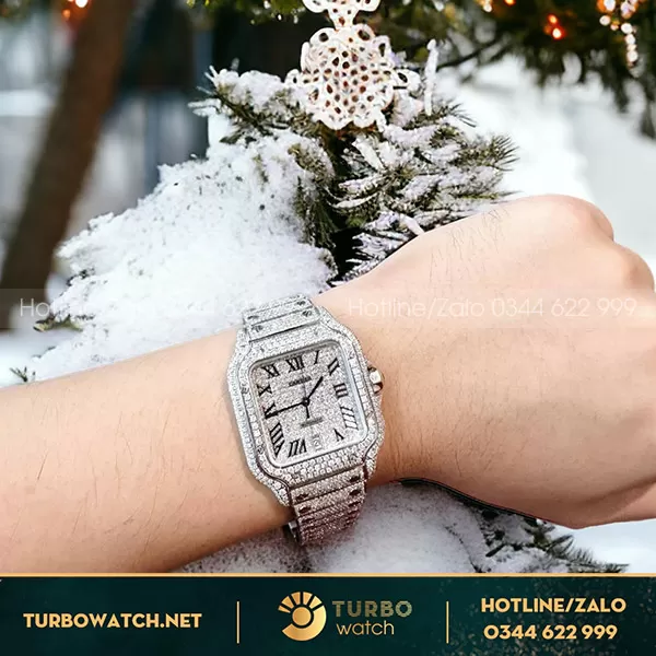 Đồng hồ cartier santos chế tác full moissanite hongkong 