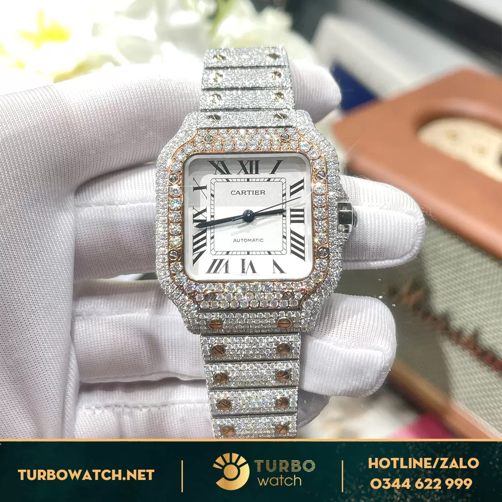 Đồng Hồ Cartier Santos de Cartier Fake 1:1 Demi Full Kim Moissanit 