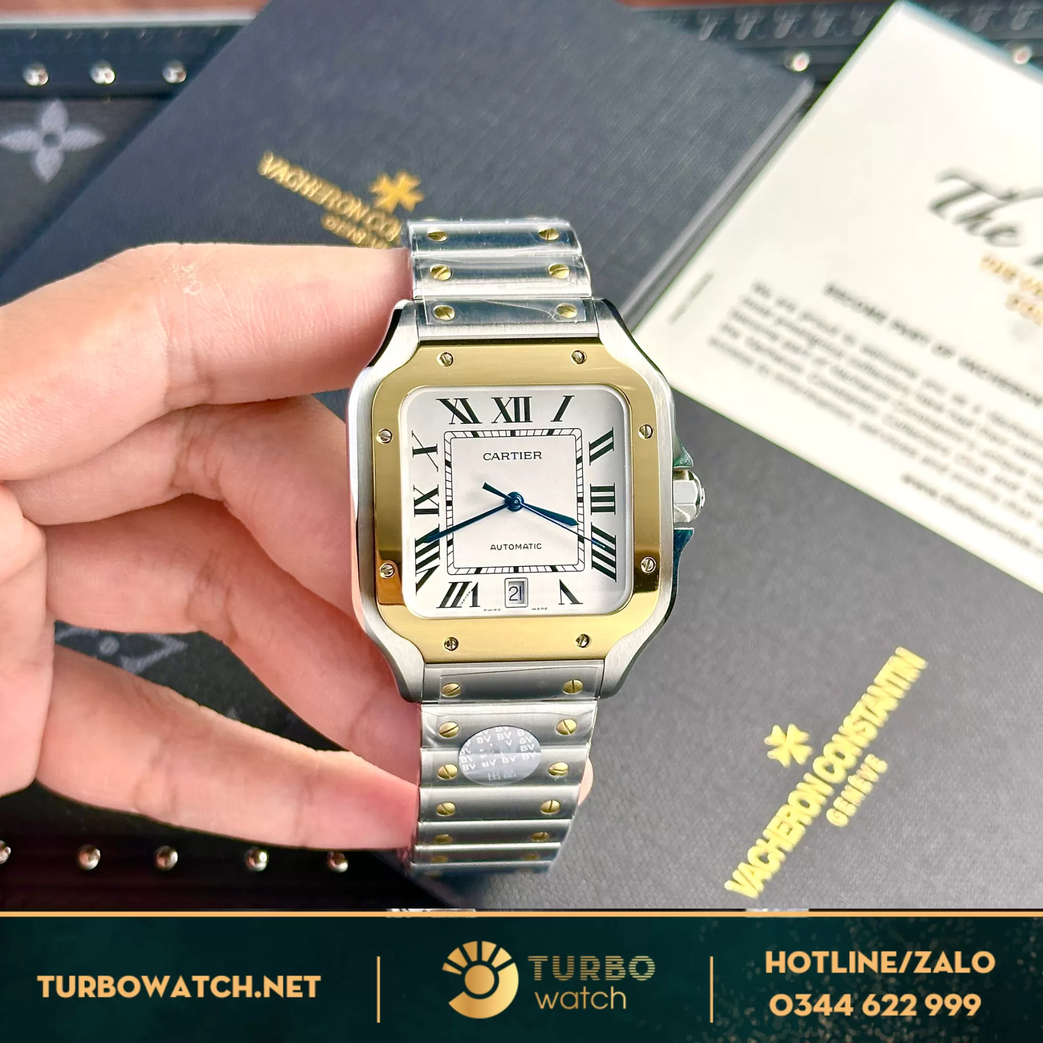 Đồng hồ cartier Santos demi vàng vàng fake 11 