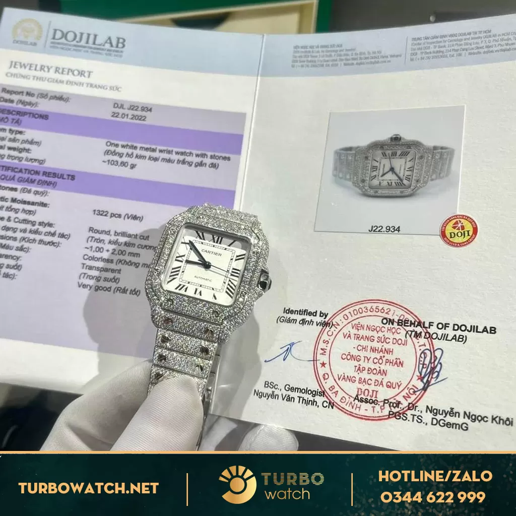 Đồng hồ cartier santos độ full kim cương moissanite hongkong