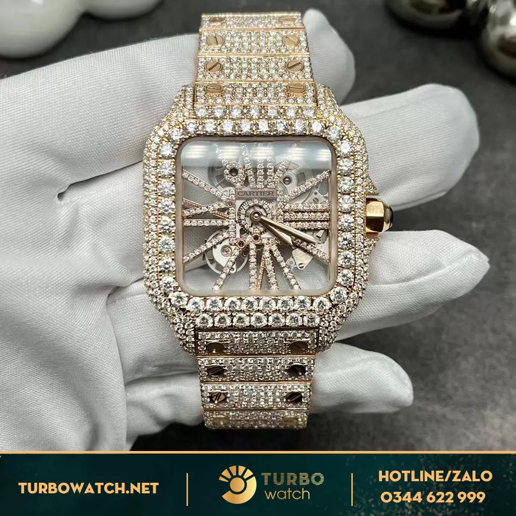 Đồng Hồ Cartier Santos Large Skeleton Chế Tác Full Kim Cương Thiên Nhiên