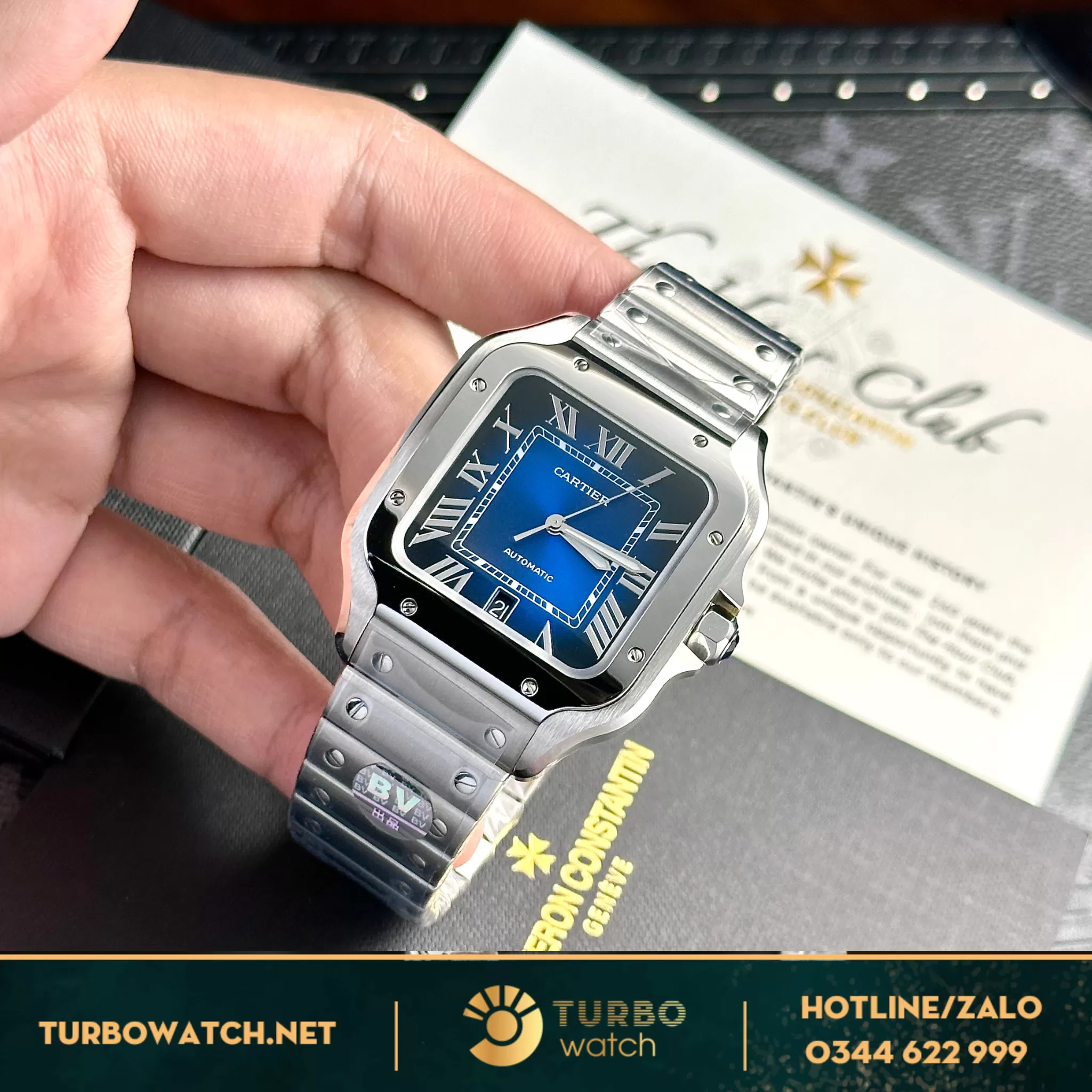 Đồng hồ cartier Santos mặt xanh blue fake 