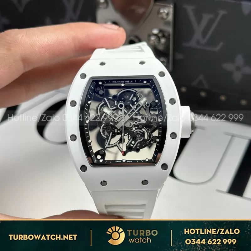 Đồng Hồ Chế Tác Richard Mille RM055 Vỏ Gốm Trắng Dây Cao Su Nhà Máy ZF 45mm