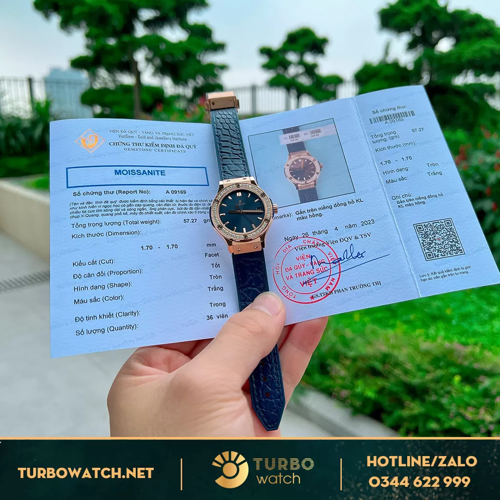Đồng hồ hublot king gold xanh navy độ kim moissanite