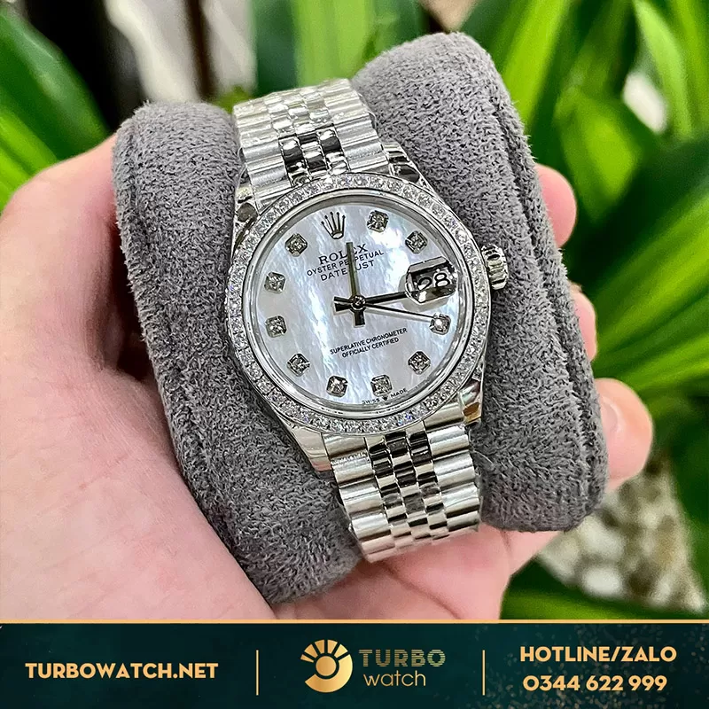Đồng hồ nữ rolex datejust replica mặt vân mây độ moissanite 31mm