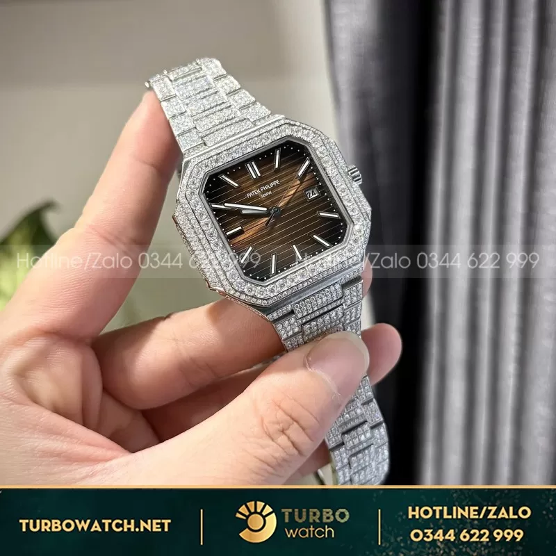 Đồng Hồ Patek Philippe Cubitus 5821 Mặt Nâu Đính Full Kim Cương Moissanite Hong Kong 45mm