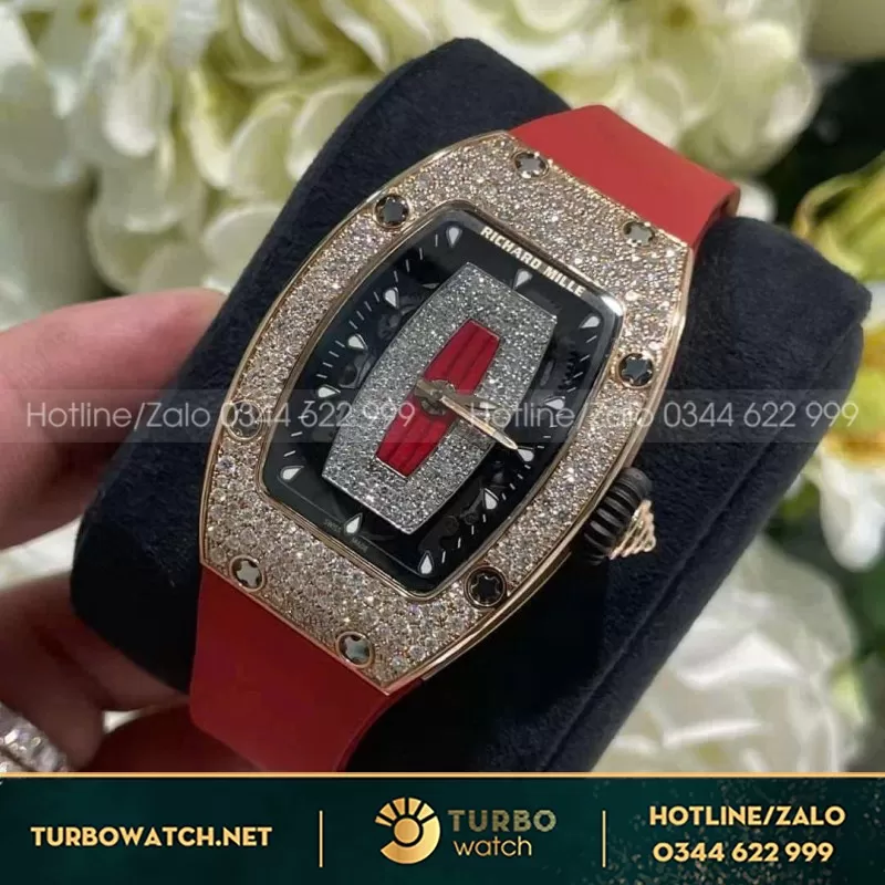 Đồng Hồ Richard Mille RM07-01 Nữ Chế Tác Vàng Khối Kim Cương Thiên Nhiên Cao Su Màu Đỏ Nhà Máy ZF 36mm