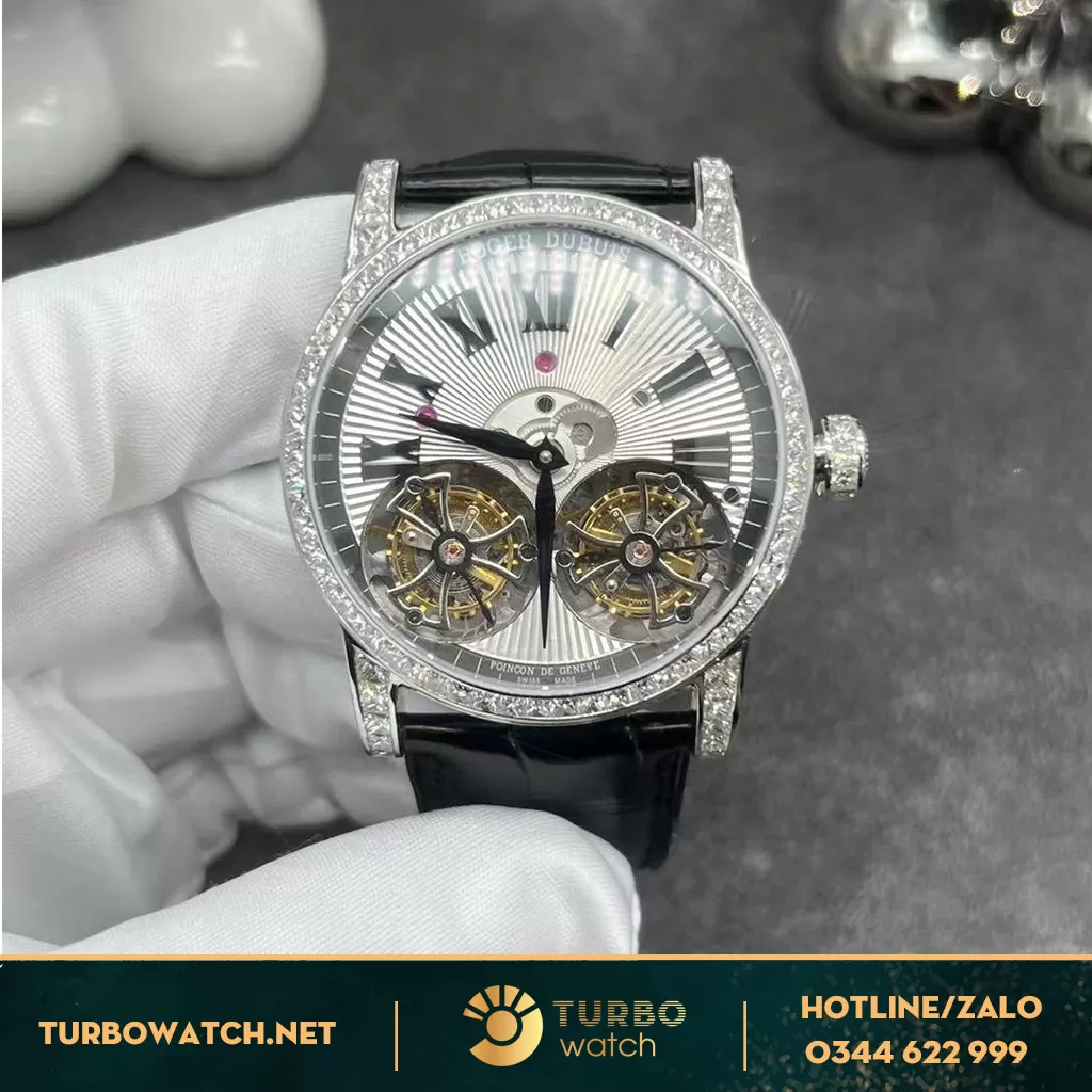 Đồng Hồ Roger Dubuis Skeleton Double Flying Turbillon RDDBEX 0396 Vàng Trắng 18k ,Kim Cương Thiên Nhiên 