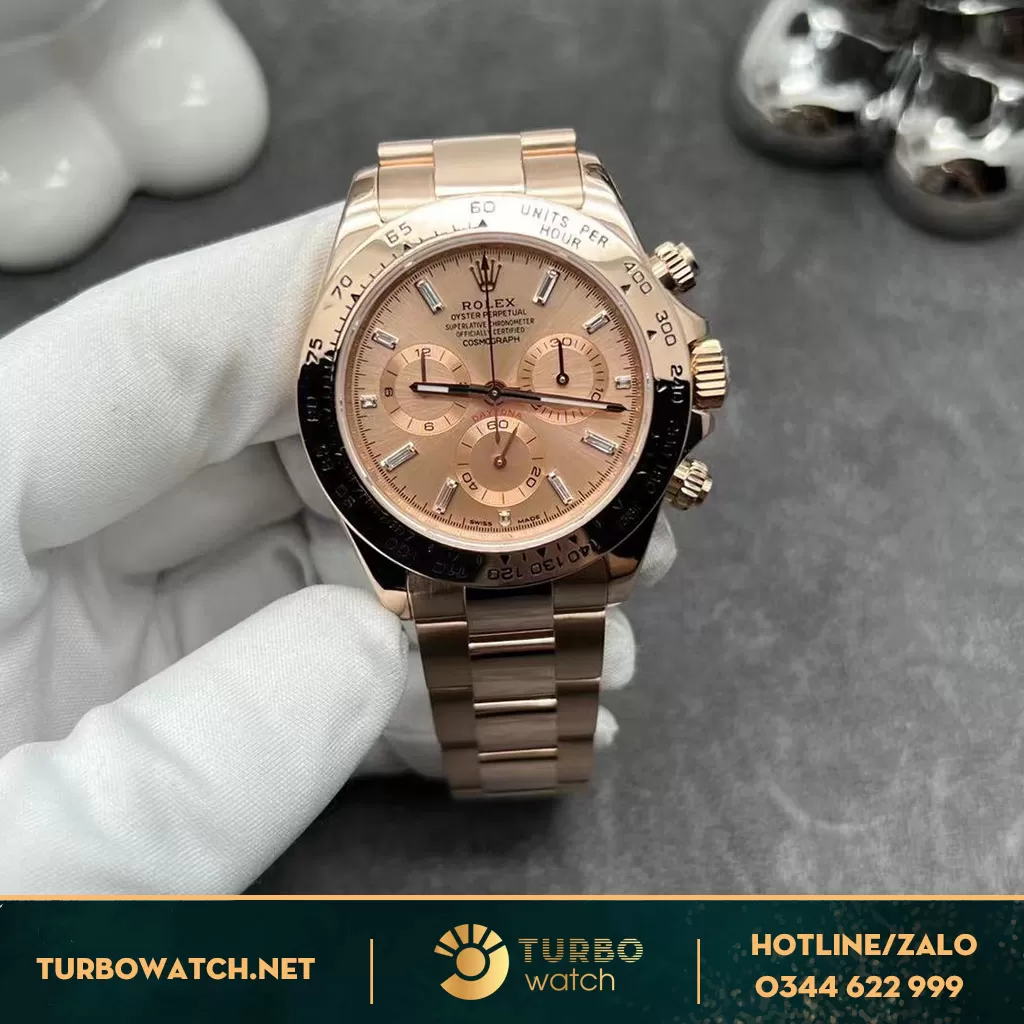 Đồng Hồ Rolex Cosmograph Daytona 116505 Mặt Số Hồng Cọc Số Kim Cương Baguette,Vàng 18k