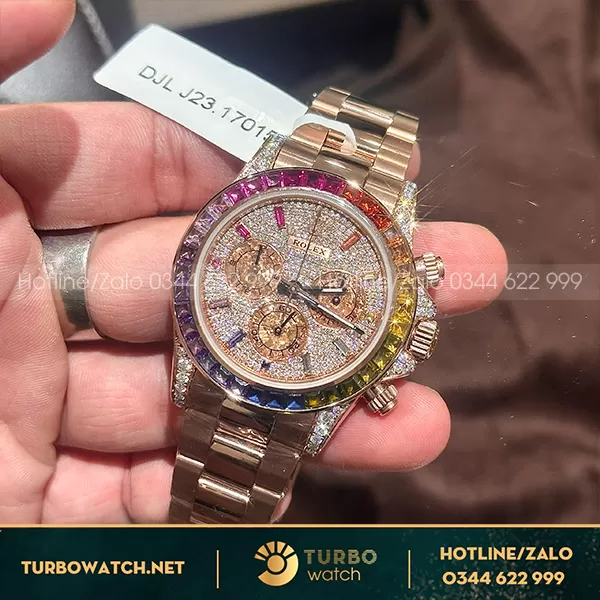 Đông hồ rolex cosmograph daytona 116595RBOWDP rainbow bọc vàng độ moissanite 