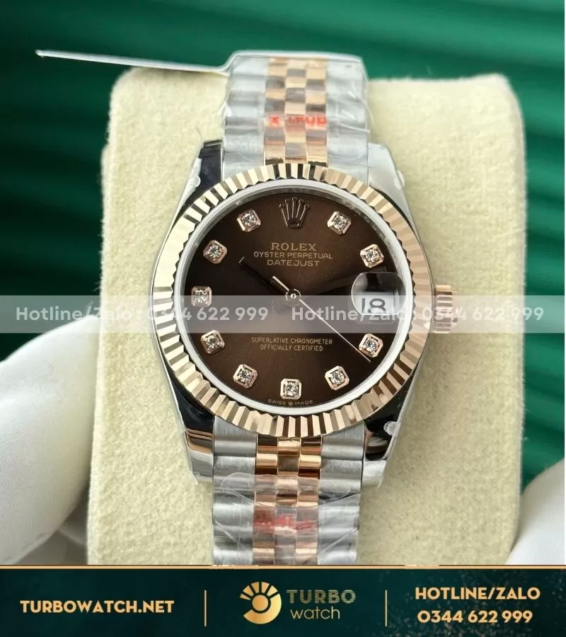 Đồng hồ rolex date just 31 nữ bọc vàng mặt số chocolate