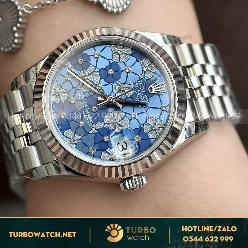 Đồng hồ rolex datejust 31 278289RBR mặt số hoạ tiết hoa xanh dương