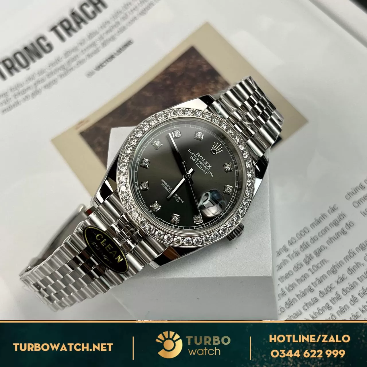 Đồng hồ rolex datejust 41 126334 mặt đen viền moissanite replica