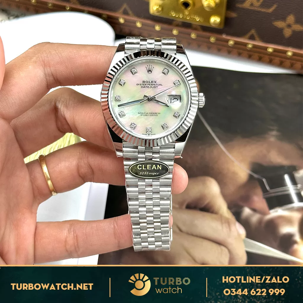 Đồng Hồ Rolex Datejust 41 126334 Mặt Số Vỏ Trai Trắng Replica 