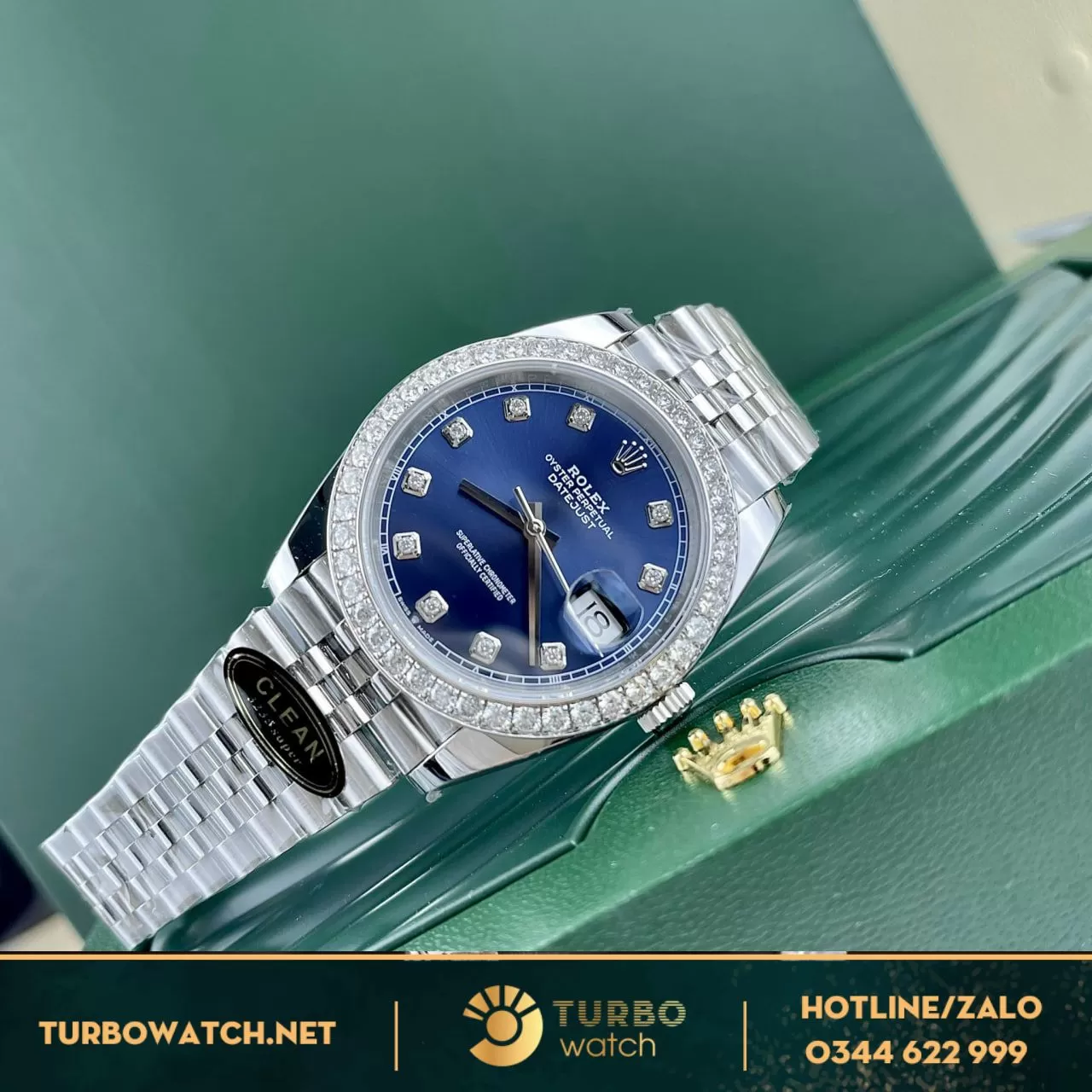 Đồng hồ rolex datejust 41 mặt xanh dương viền moissanite replica 