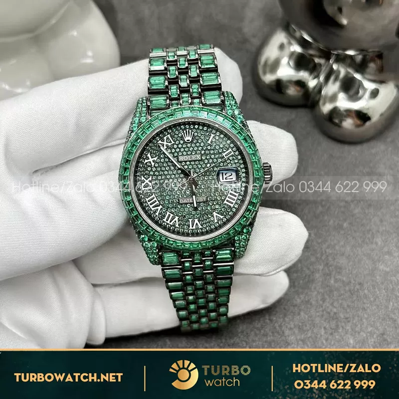 Đồng hồ rolex datejust chế tác nạm đá xanh green
