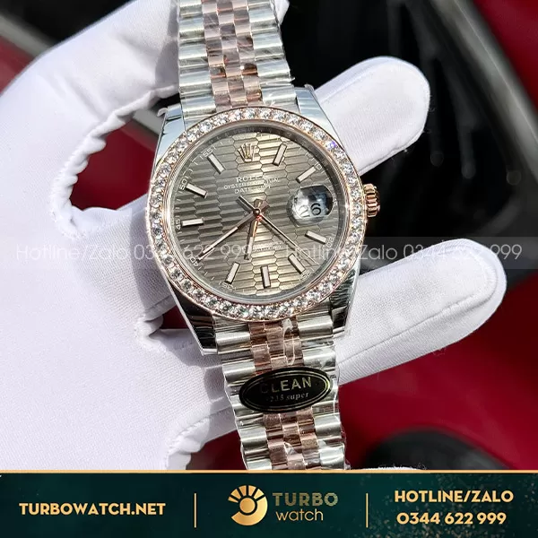 Đồng hồ rolex datejust demi vàng hồng độ viền kim moissanite 2.5ly nhà máy clean 