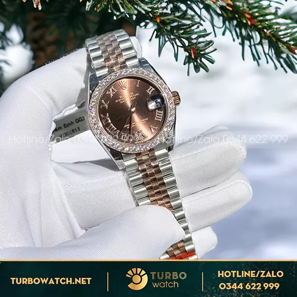 Đồng hồ rolex datejust nữ 31mm mặt chocolate viền kim cương moissanite 
