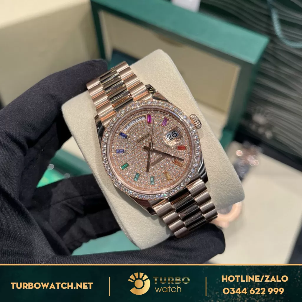 Đồng Hồ Rolex Day-Date 36 128345RBR Chế Tác Vàng Nguyên Khối 18k Mặt Số Đính Kim Cương