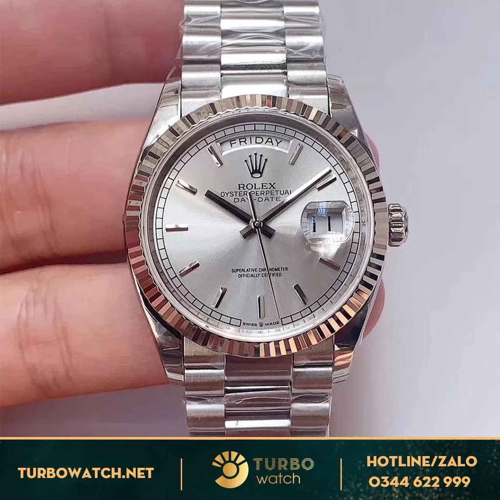 Đồng Hồ Rolex Day Date 36 128396TBR Mặt Số Bạc Siêu cấp 