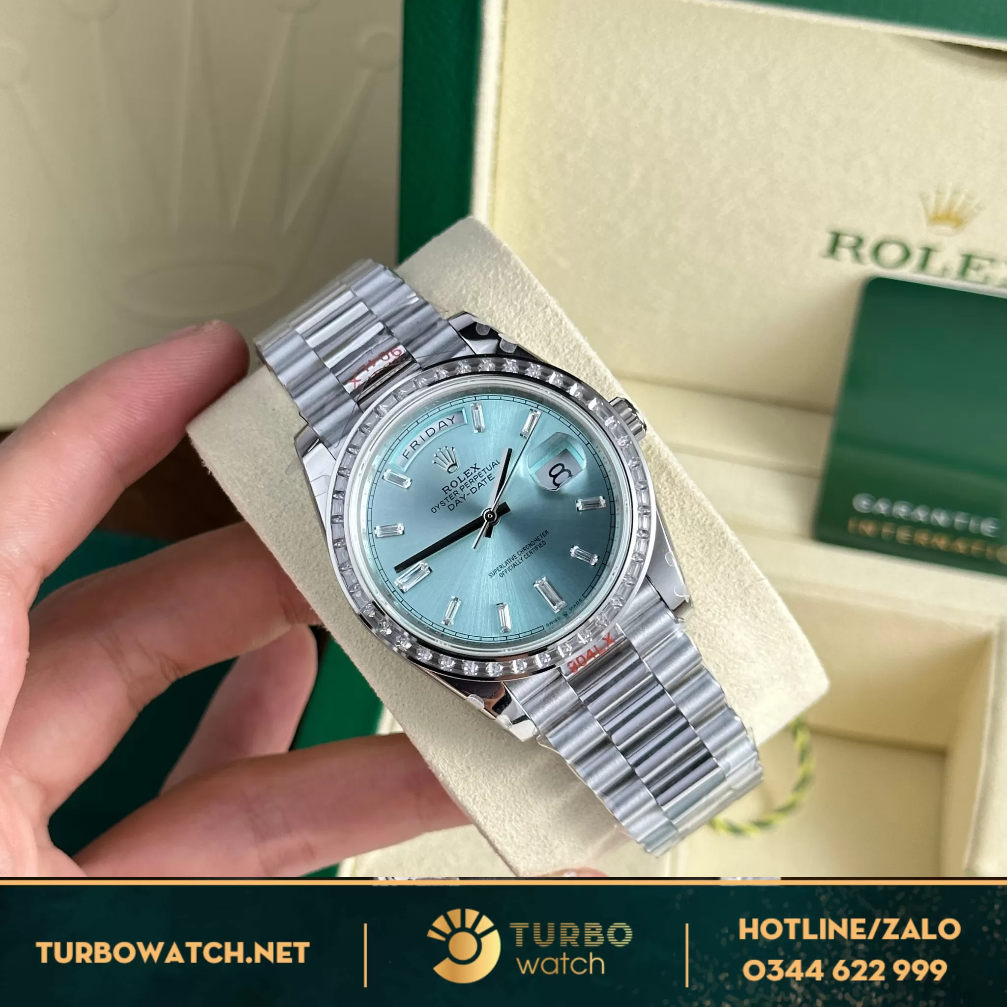 Đồng hồ Rolex Day-Date 40mm Ice Blue cọc số niềng đá Baguette 175g