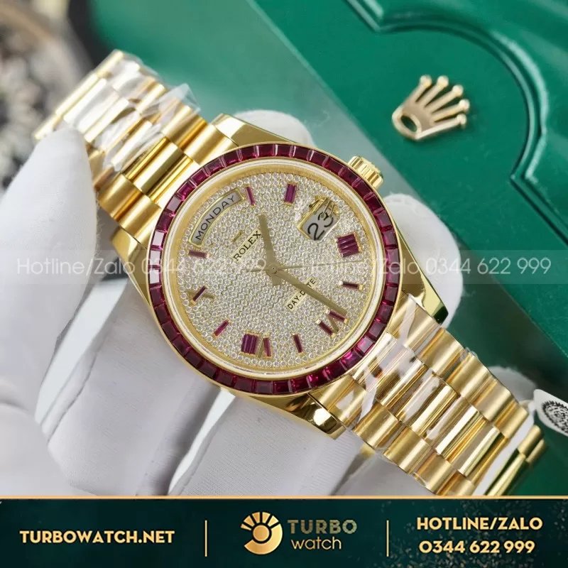 Đồng Hồ Rolex Day-Date Độ Ruby Đỏ + Kim Cương Moissanite Bọc Vàng Thật GMF 40mm