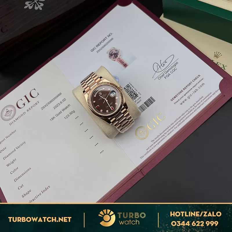 Đồng hồ rolex daydate bọc vàng fake cọc số ruby 40mm