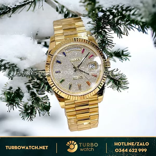 Đồng hồ rolex daydate nặng 167g bọc vàng độ mặt kim moissanite yellow gold