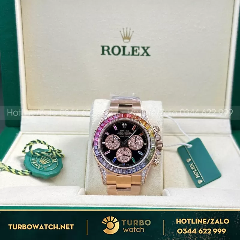 Đồng Hồ Rolex Daytona Rainbow 116595RBOW Bọc Vàng Độ Kim Cương Moissanite 40mm