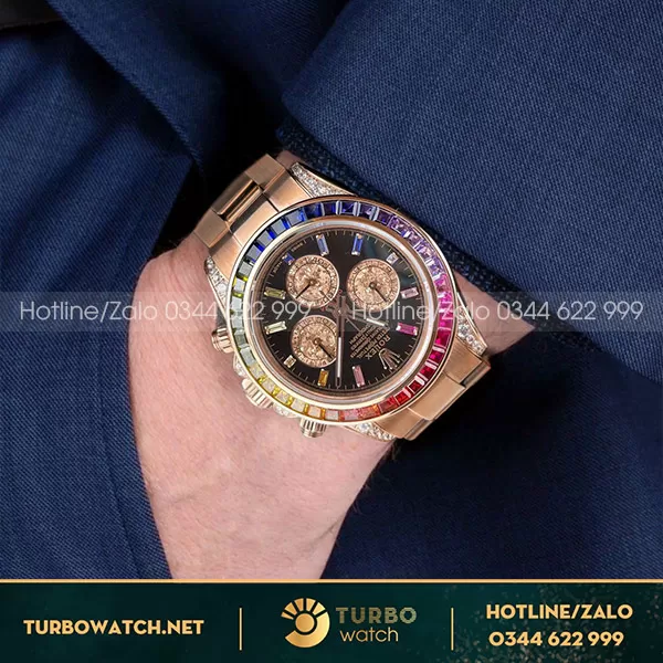 Đồng Hồ Rolex Daytona Rainbow Rep 1 1 Bọc Vàng Độ Moissanite