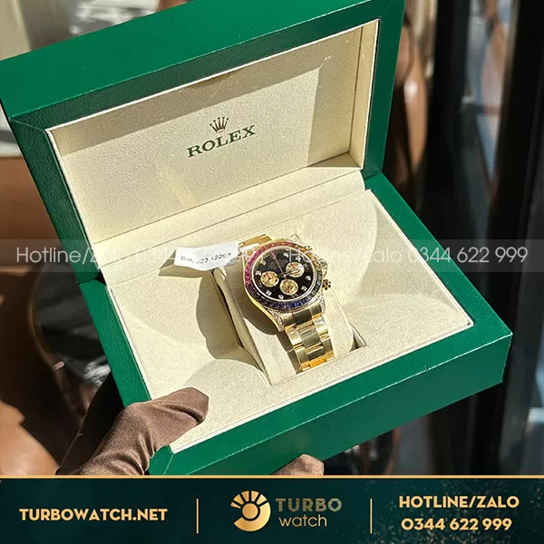 Đồng hồ rolex daytona rainbow bọc vàng yellow gold độ kim moissanitte