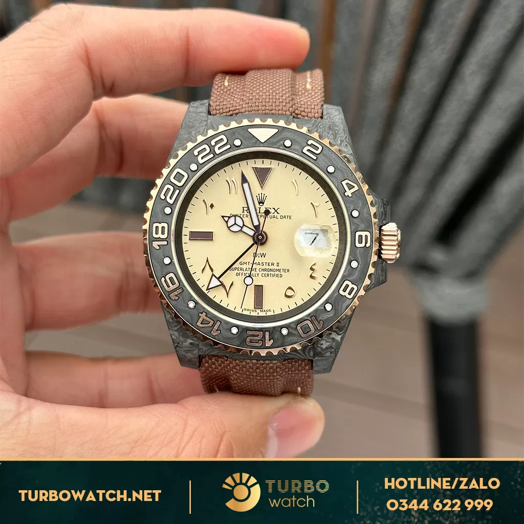 Đồng Hồ Rolex GMT- Master Độ Vỏ Carbon Dây Nâu 