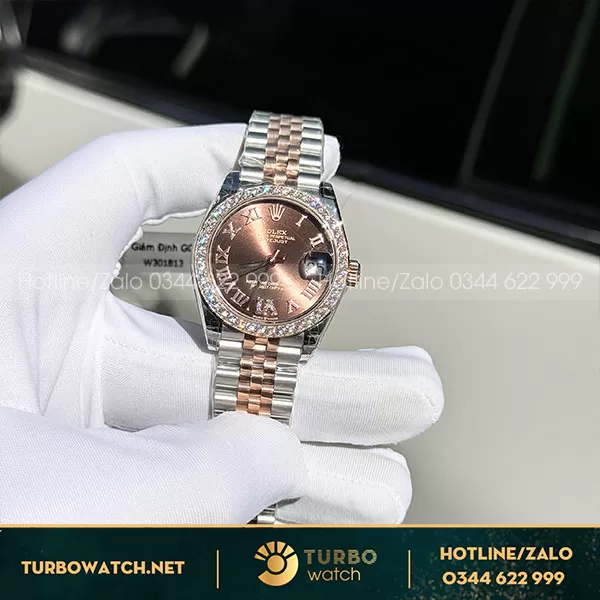 Đồng hồ rolex nữ demi chocolate dial độ kim moissanite 