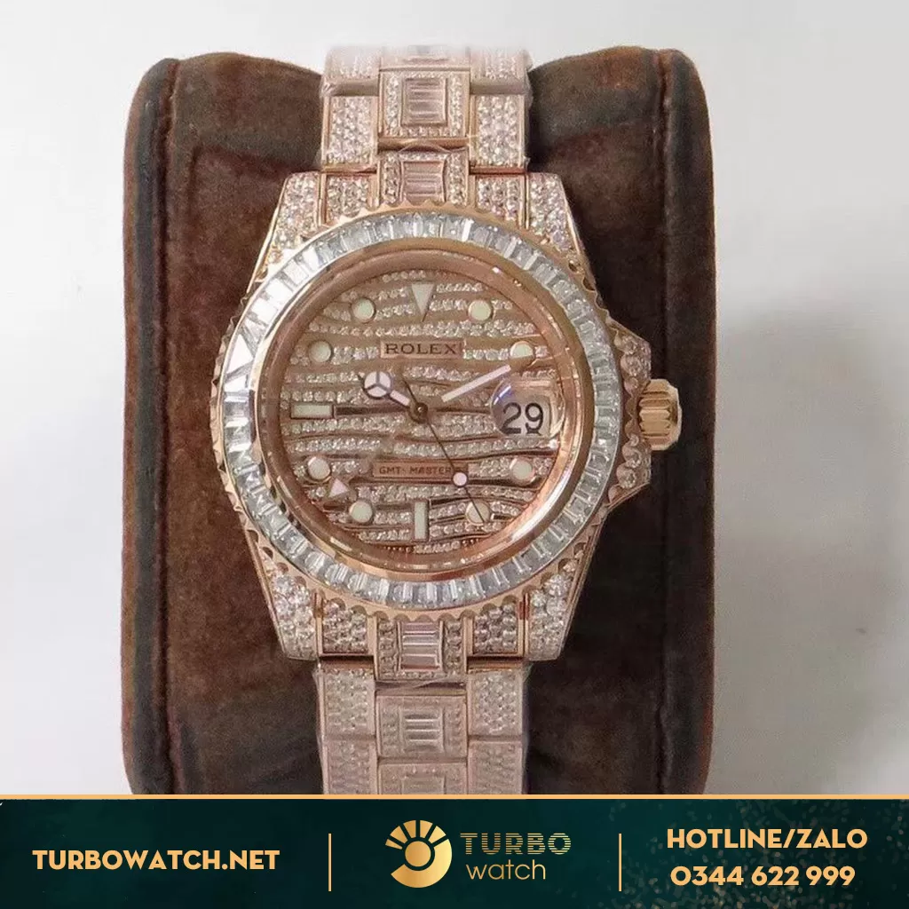 Đồng Hồ Rolex Siêu Cấp GMT-Master II Rose Gold Full Diamond 