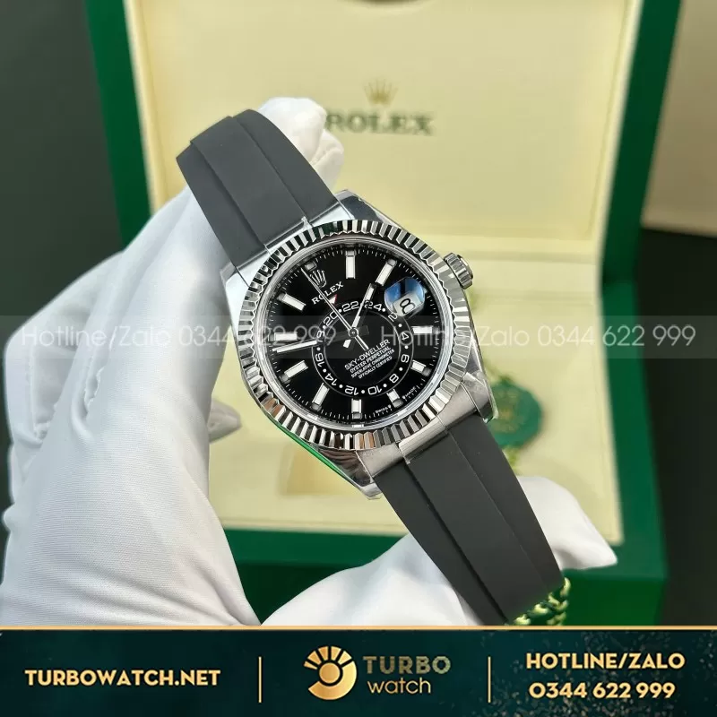 Đồng hồ rolex sky dweller 336238 rep 11 mặt đen dây cao su cao cấp 42mm