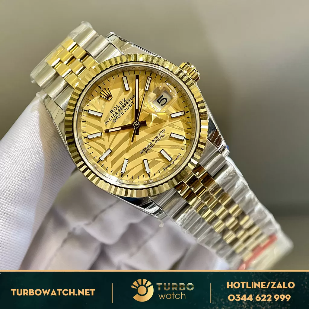 ĐồngHồ Rolex Rep 1:1 Datejust 36 126203 Mặt Số Cây Lá Nhiệt Đới Vàng Champagne
