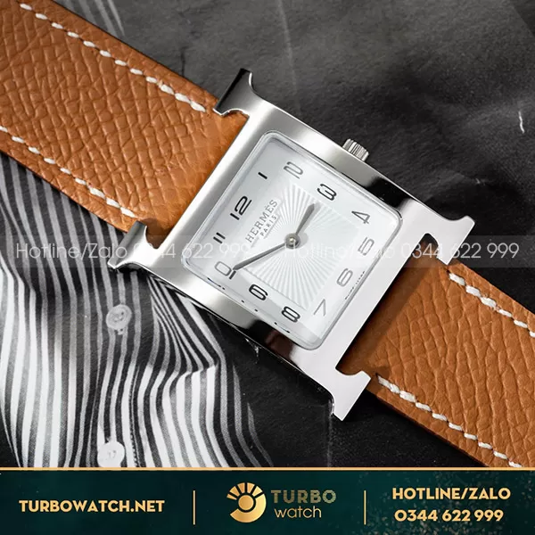 Hermes nữ máy pin Thụy Sỹ niếng trơn dây da nâu mặt trắng